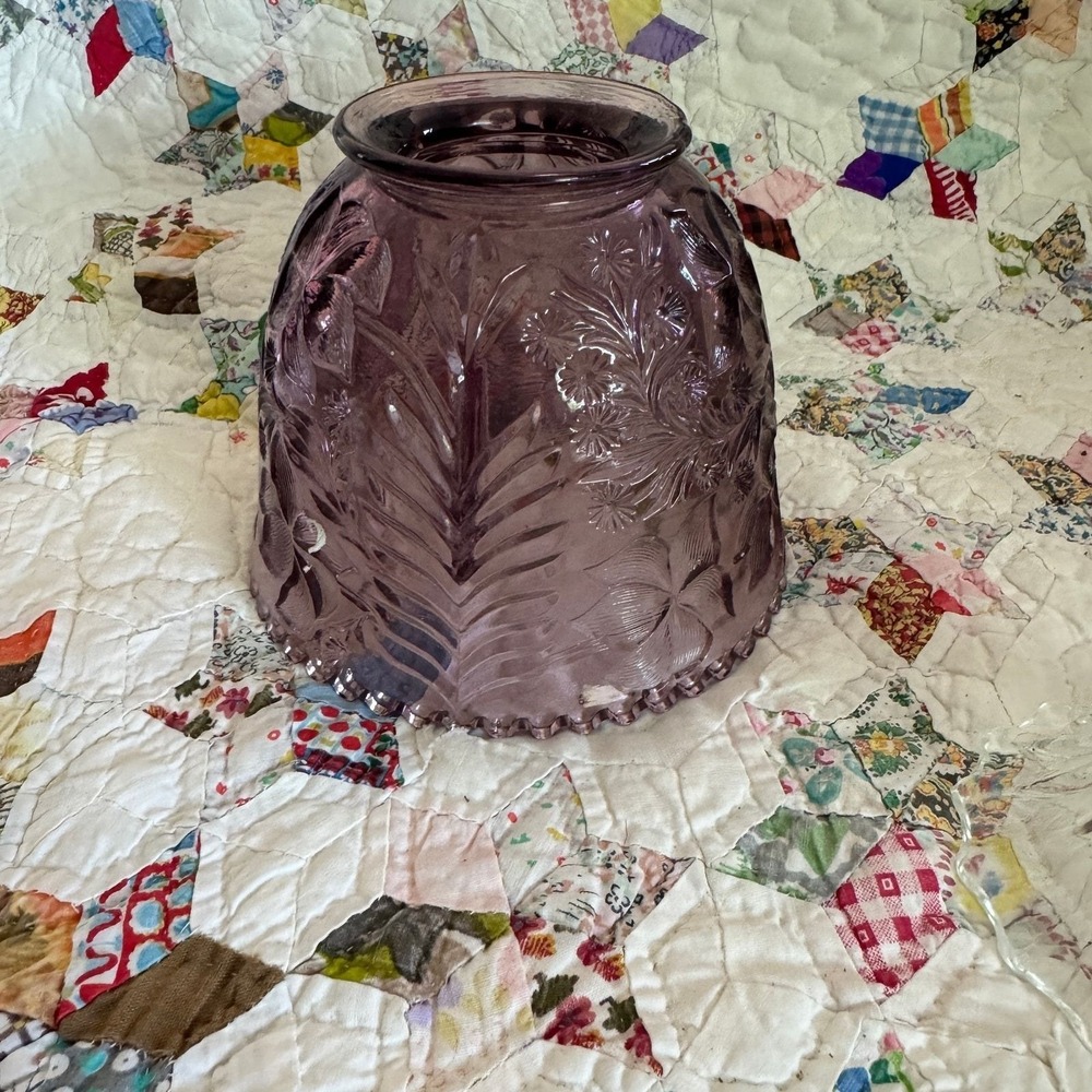 Vintage Purple Pressed Glass Floral Fairy Lamp Candle Holder 2 Piece Clear Base - Picture 9 of 9